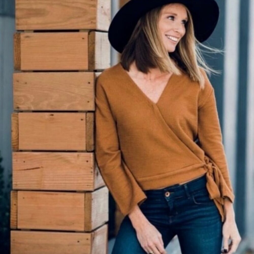 Madewell Texture & Thread Cedar Wrap Sweater Top XXS Rust Brown 100% Cotton